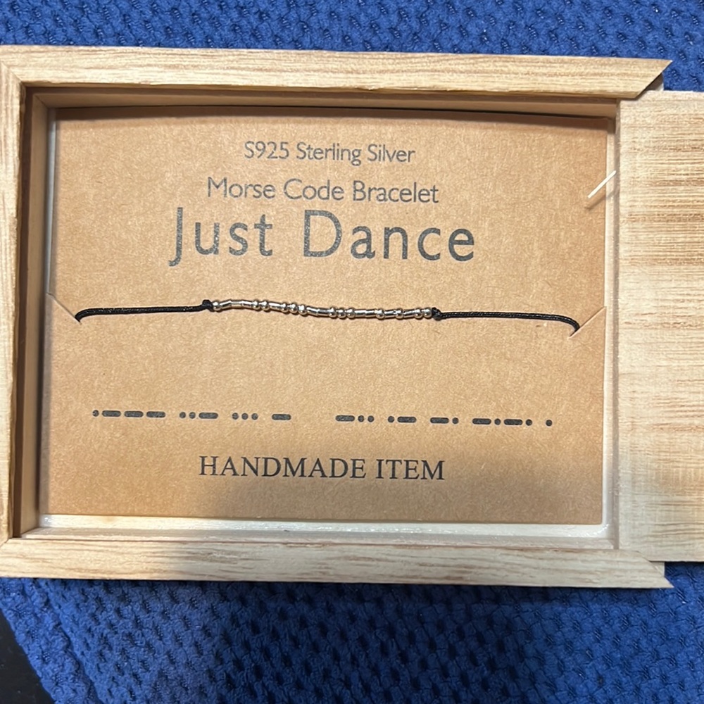 Morse Code Bracelet “Just Dance” Black & Silver New in Wooden Zumba Box